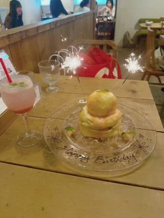 恵比寿「カフェ アクイーユ」②桃づくしの贅沢パンケーキのバースデープレート♡の記事動画