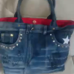 デニムリメイクバッグ風スタッズバッグ・Mサイズ・ネイビーの画像