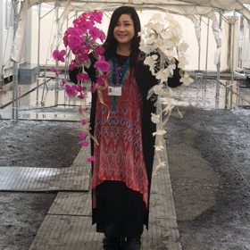 胡蝶蘭のゆれるブーケをテニスコートにの画像