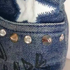デニムリメイクバッグ風スタッズバッグ・Sサイズ・ネイビーの画像