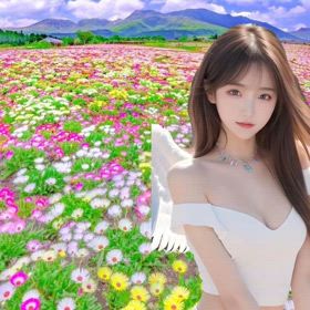 花と天使美女の共演の画像