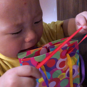 紙袋と格闘するうたくんの画像