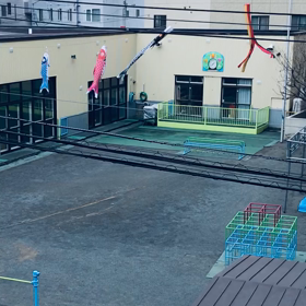 ビルの谷間の保育園に泳ぐ鯉のぼりの画像