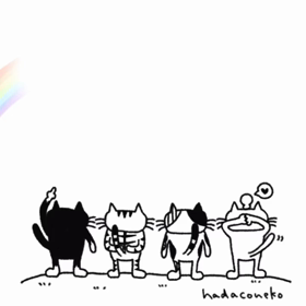 雨上がりにできた虹を見ている猫たちの画像