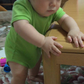 つかまり立ちからのお座り！の画像