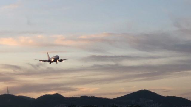見事な夕焼けと迫力の飛行機の記事動画