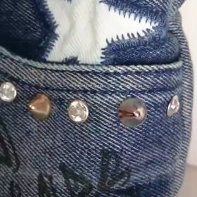 デニムリメイクバッグ風スタッズバッグ・Sサイズ・ネイビーの画像